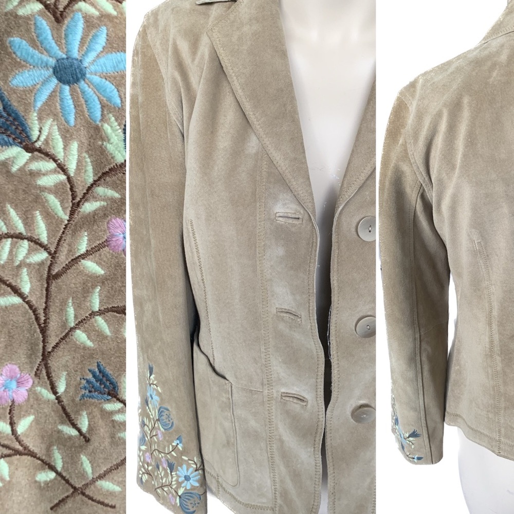 j jill petite almost famous embroidered floral sleeve camel suede jacket coat XS